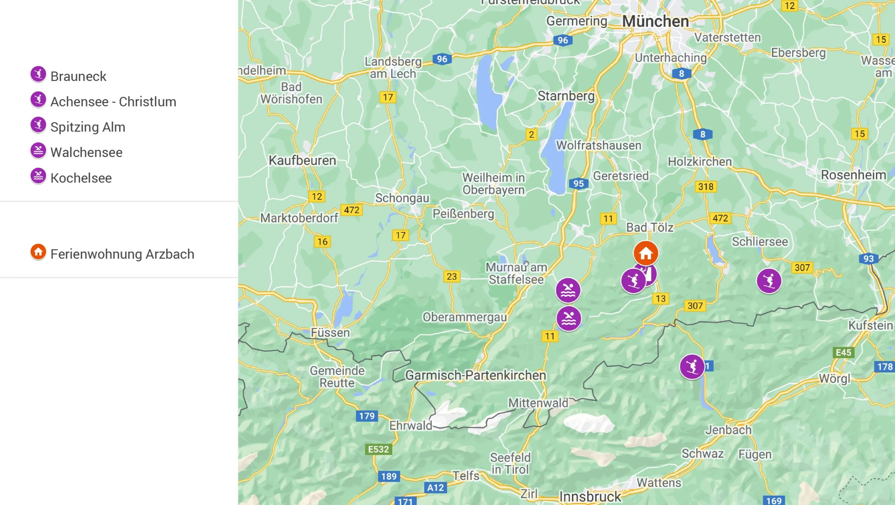 Karte der Umgebung der Ferienwohnung in Arzbach mit Brauneck, Bad Tölz und Lenggries